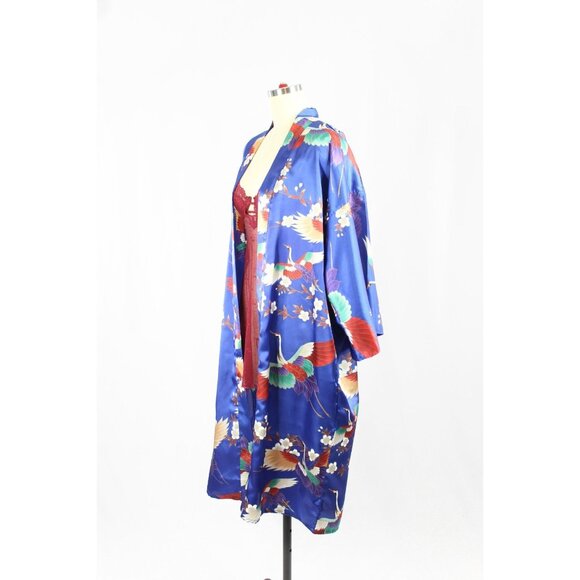 Vintage ICHIBAN Blue Oriental Floral Crane Print Satin Kimono Robe, One Size - Picture 5 of 13